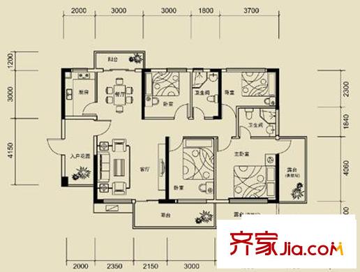 金港灣戶型圖明悅居A戶型 4室2廳2衛(wèi)1廚