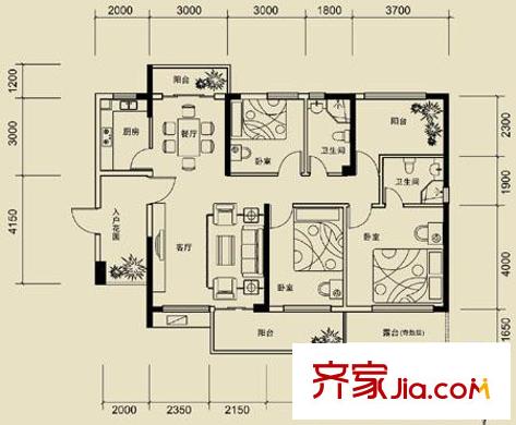金港灣戶型圖賞悅居A戶型 4室2廳2衛(wèi)1廚