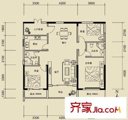 金港灣戶型圖明悅居B戶型 3室2廳2衛(wèi)1廚