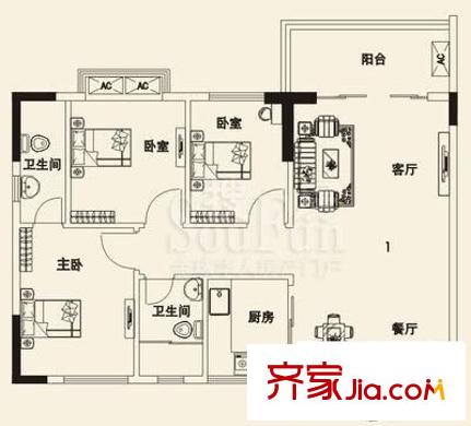 嘉裕豪庭戶型圖3室2廳 戶型圖 3室2廳2衛(wèi)1廚