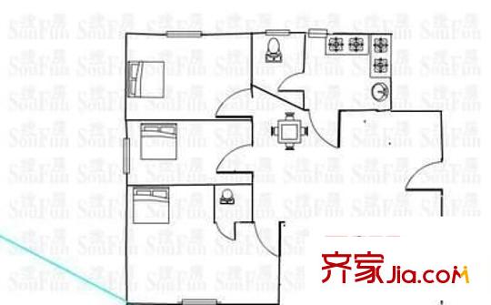 石油公司宿舍 3室 戶型圖