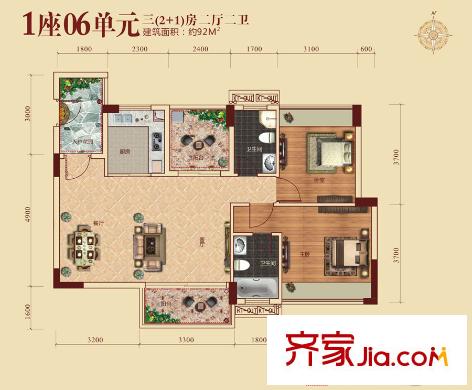 凱業(yè)名都1座06單元 92平方米 3室2廳2衛(wèi)1廚