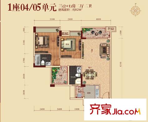 凱業(yè)名都1座04/05單元 92平方米 3室2廳2衛(wèi)1廚