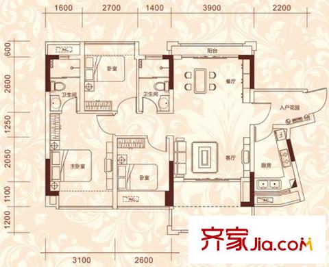 金莎華府3座01戶型/4座02戶型88平方米 3室2廳2衛(wèi)1廚