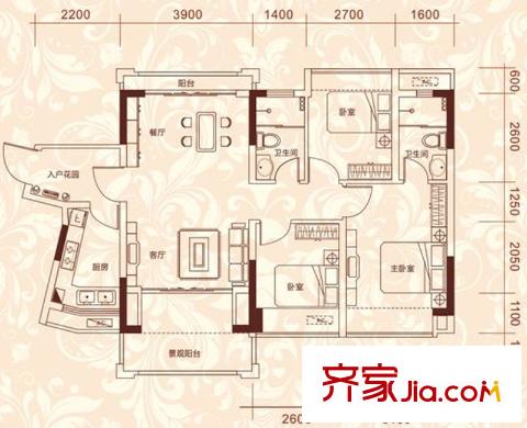金莎華府3座02/4座01戶型88平方米 3室2廳2衛(wèi)1廚