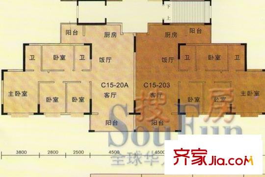景泰花園戶型圖C15平面圖 4室2廳2衛(wèi)1廚