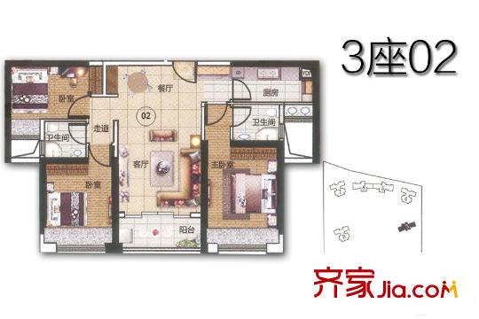 華福?御水岸3座02戶型約91平方米 3室2廳2衛(wèi)1廚