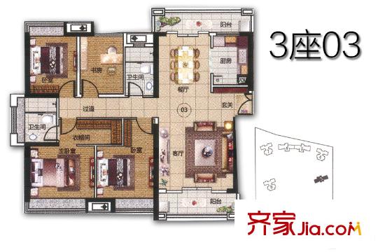 華福?御水岸3座03戶型約144平方米 4室2廳2衛(wèi)1廚