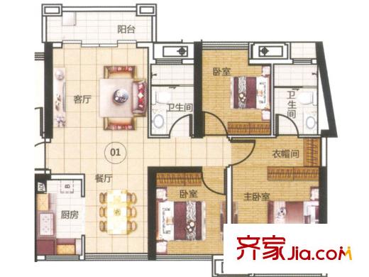 華福?御水岸1座01戶型91平方米 3室2廳2衛(wèi)1廚