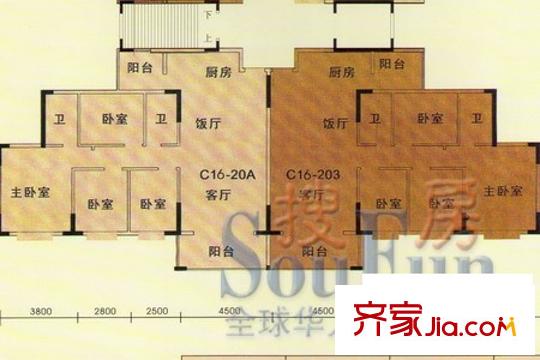 景泰花園戶型圖C16平面圖 4室2廳2衛(wèi)1廚