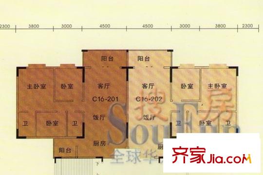 景泰花園戶型圖C16平面圖2 3室2廳2衛(wèi)1廚