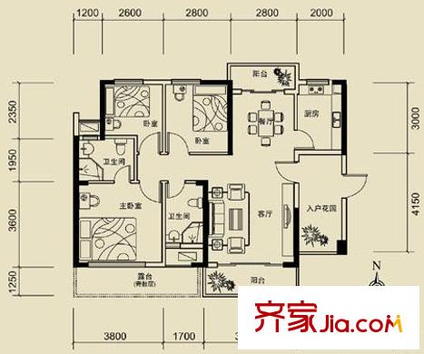 金港灣戶型圖明悅居C戶型 3室2廳2衛(wèi)1廚