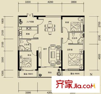 金港灣戶型圖賞悅居B戶型 3室2廳2衛(wèi)1廚