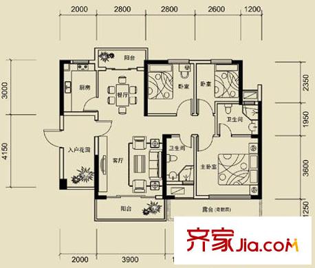 金港灣戶型圖星悅居A戶型 3室2廳2衛(wèi)1廚