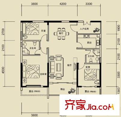 金港灣戶型圖星悅居B戶型 3室2廳2衛(wèi)1廚