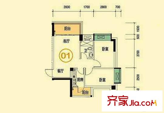 星辰花苑3座01單元 66平方米 2室2廳1衛(wèi)1廚