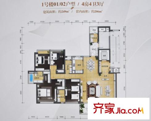 萬科金域?yàn)I江1號樓01/02單元 206平方米（套內(nèi)） 4室3廳4衛(wèi)1廚