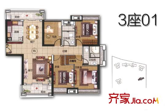 華福?御水岸3座01戶型約134-140平方米 4室2廳2衛(wèi)1廚