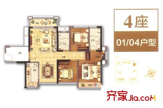 華福?御水岸4座01/04戶型約89平方米 3室2廳2衛(wèi)1廚