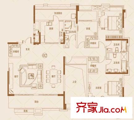 保利公園里 2座02單位213平方米 3室2廳1衛(wèi)3廚