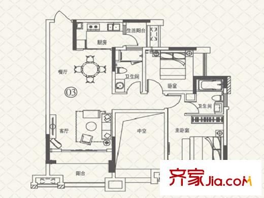 保利公園里4座03戶型 2室2廳2衛(wèi)1廚