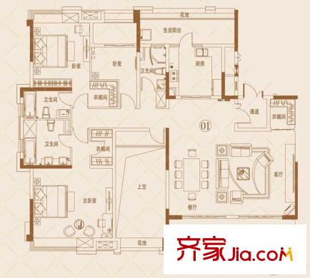 保利公園里2座01單位208平方米 3室2廳1衛(wèi)3廚
