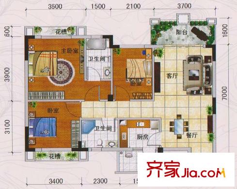 和豐穎苑E戶型94平方米 3室2廳2衛(wèi)1廚