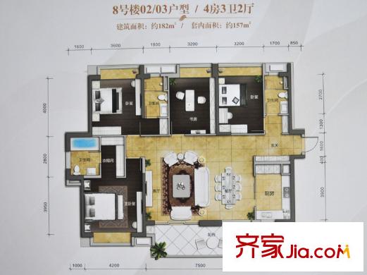 萬科金域?yàn)I江8號樓02/03單元 157平方米（套內(nèi)） 4室2廳3衛(wèi)1廚