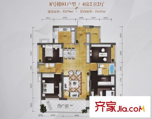 萬科金域?yàn)I江8號樓01單元 147平方米（套內(nèi)） 4室2廳2衛(wèi)1廚