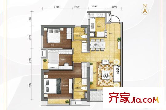 萬科金域?yàn)I江14號樓01/02單元 106平方米（建面） 3室2廳2衛(wèi)1廚