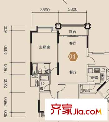 海駿達(dá)上苑1座標(biāo)準(zhǔn)層-04戶型 3室2廳2衛(wèi)1廚