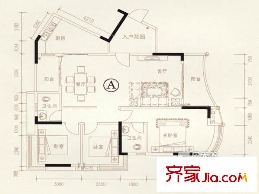 solo國際公寓戶型圖3室2廳戶型圖 3室2廳2衛(wèi)1廚
