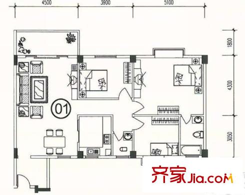 翠園雅居戶型圖11棟01單元 3室2廳2衛(wèi)1廚