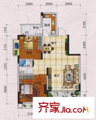 和豐穎苑F戶型77平方米 2室2廳1衛(wèi)1廚