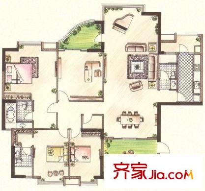 海悅凌江美墅戶型圖3室2廳戶型圖 3室2廳2衛(wèi)1廚