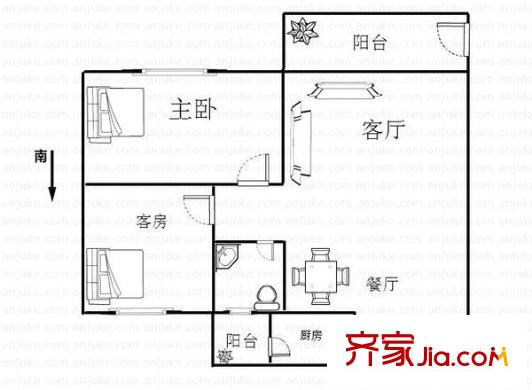 桂東苑戶型圖兩室一廳戶型圖 2室1廳1衛(wèi)1廚