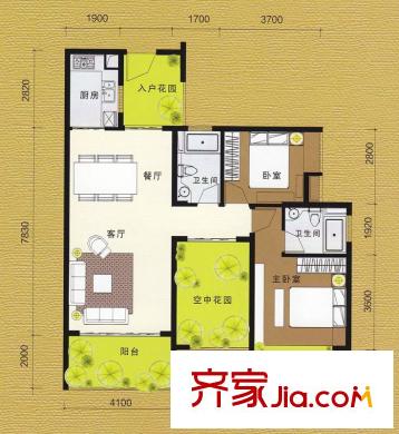 頤和盛世B02型高層島居景觀洋房 2室2廳2衛(wèi)1廚