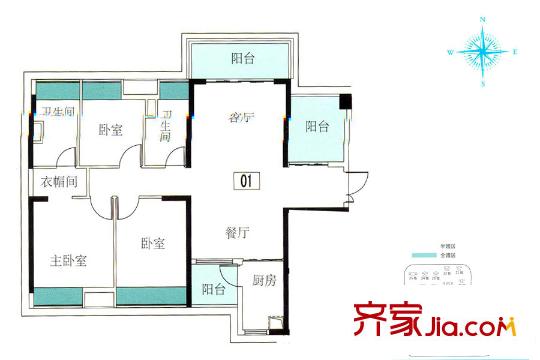 保利西雅圖6、17棟01戶型約120平方米 3室2廳2衛(wèi)1廚