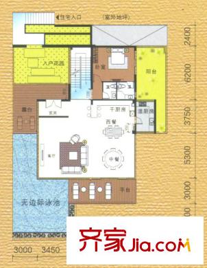 頤和盛世主島雙拼別墅J1起居層 1室3廳2衛(wèi)2廚