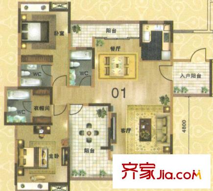 逸林苑戶型圖21棟2-16層01  2室2廳3衛(wèi)1廚