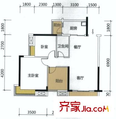 桂南銀都銀安閣2座03戶型 93平方米 3室2廳1衛(wèi)1廚