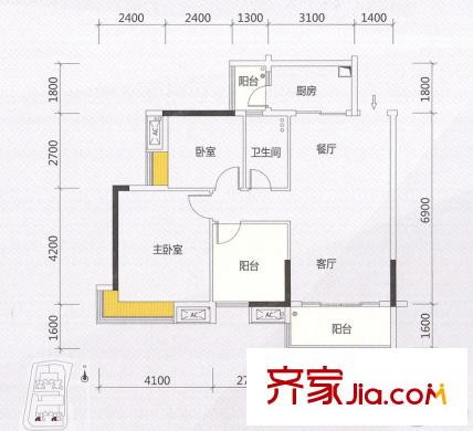 桂南銀都銀居閣1座03戶型 91平方米 3室2廳1衛(wèi)1廚