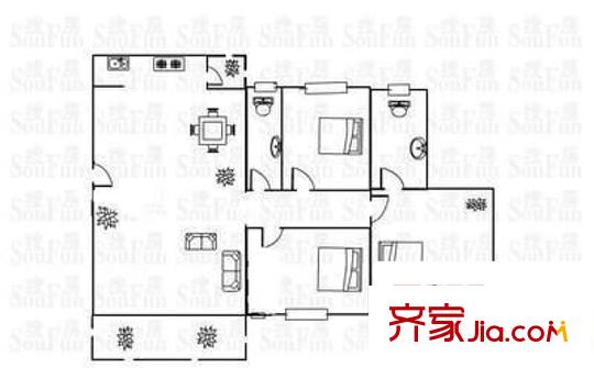 城東北三路小區(qū)戶型圖3室2廳戶型圖 3室2廳2衛(wèi)1廚