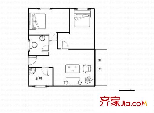 置德豪庭戶型圖兩室兩廳戶型圖 2室2廳1衛(wèi)1廚