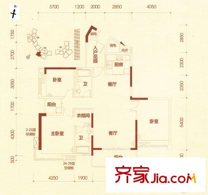 濱城瓏灣2座 03+04戶型 127平方米 3室2廳2衛(wèi)1廚