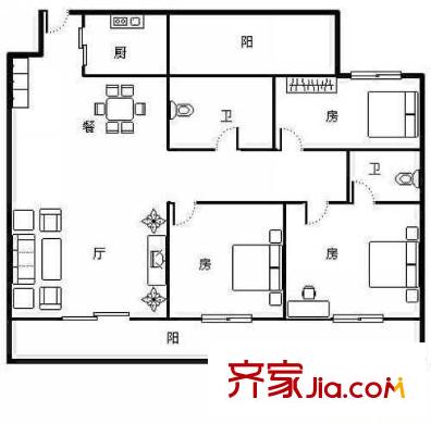 宏業(yè)樓戶型圖3室2廳戶型圖 3室2廳2衛(wèi)1廚