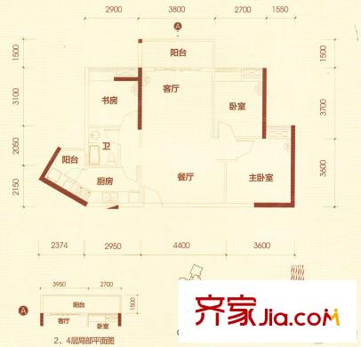 濱城瓏灣2座 08戶型 94平方米 3室2廳1衛(wèi)1廚