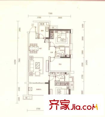 萬科沁園1、2座A戶型 3室2廳2衛(wèi)1廚