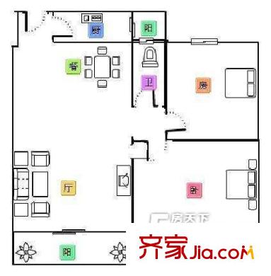 商住城戶型圖2室2廳戶型圖 2室2廳1衛(wèi)1廚