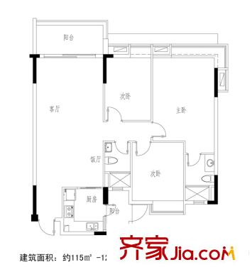 荔園香堤A戶型 3室2廳2衛(wèi)1廚